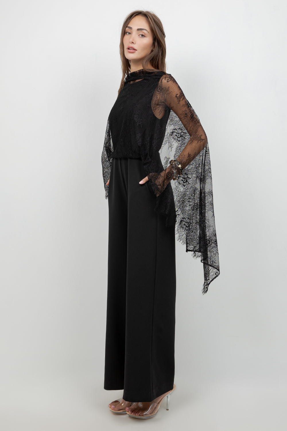 SOFT WOVEN WIDE LEG JUMPSUIT WITH CONTRAST LACE SCARF - Whiteroom+Cactus