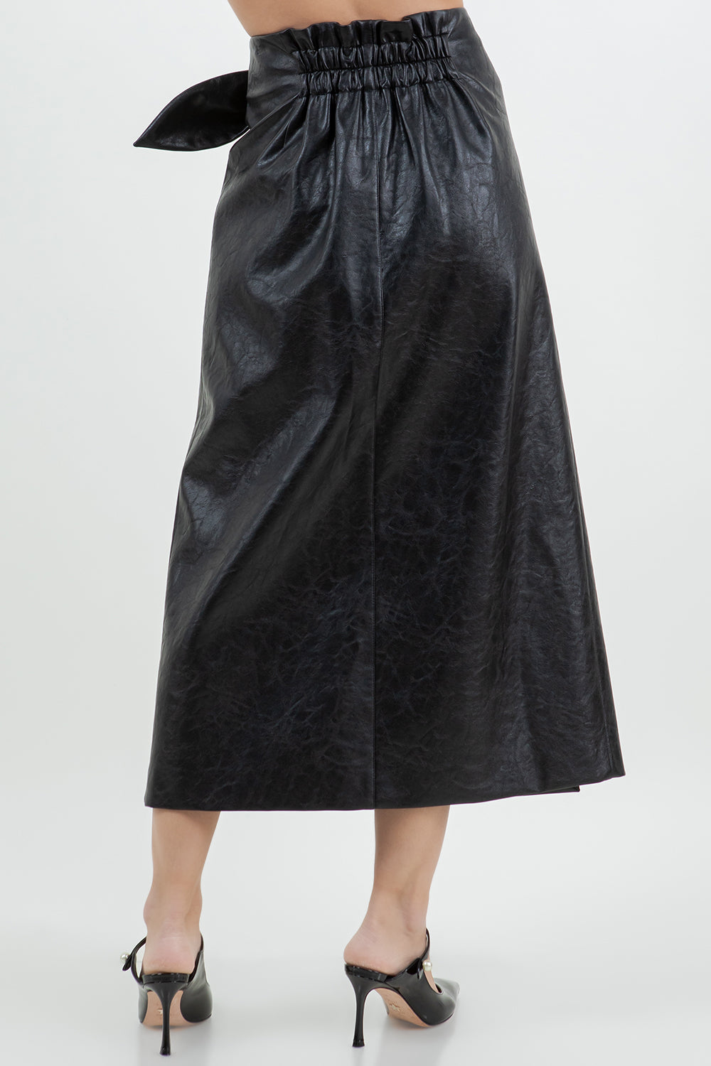 ANKLE LENGTH MIDI PU WRAP SKIRT WITH TIE CLOSURE - BLACK