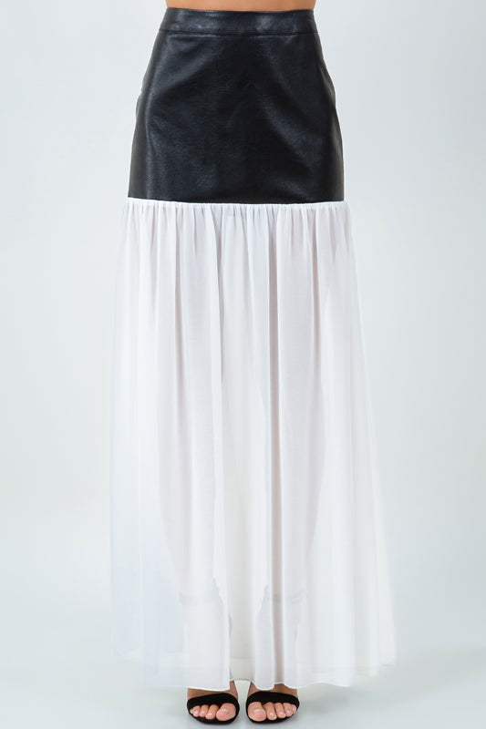 PU LEATHER + CHIFFON COMBO MAXI SKIRT - BLACK