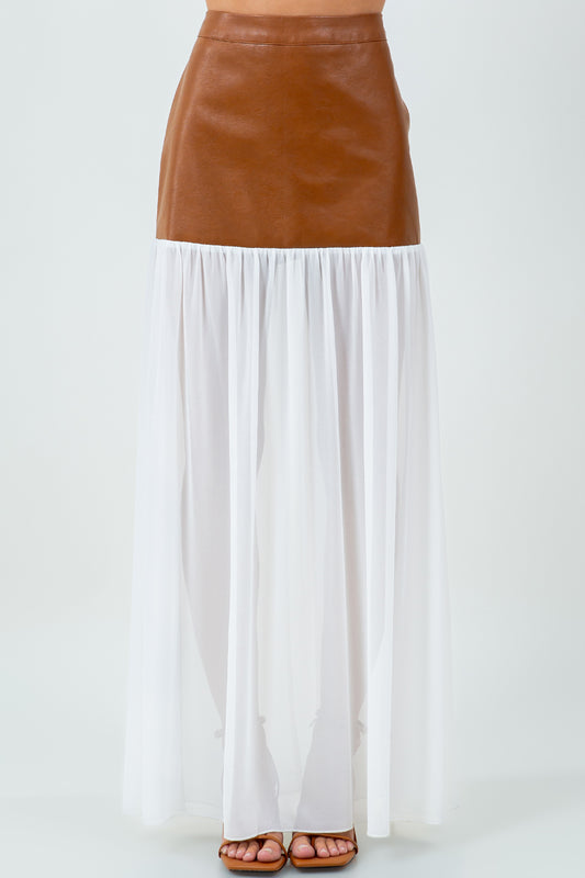 PU LEATHER + CHIFFON COMBO MAXI SKIRT - CAMEL