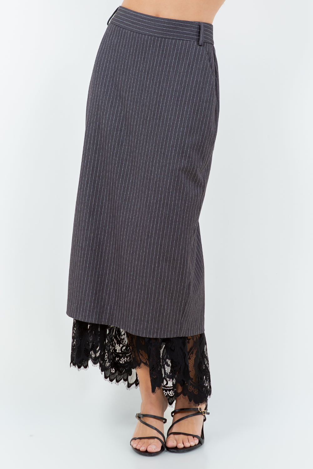 LACE HEMMED PINSTRIPE PENCIL SKIRT - CHARCOAL