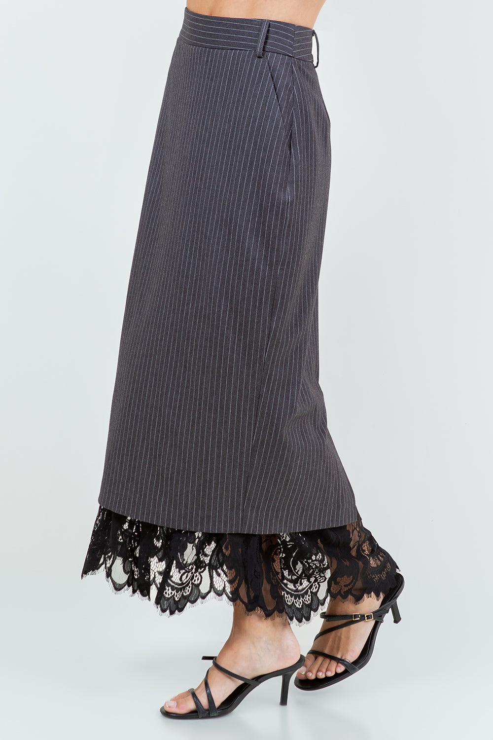 LACE HEMMED PINSTRIPE PENCIL SKIRT - CHARCOAL