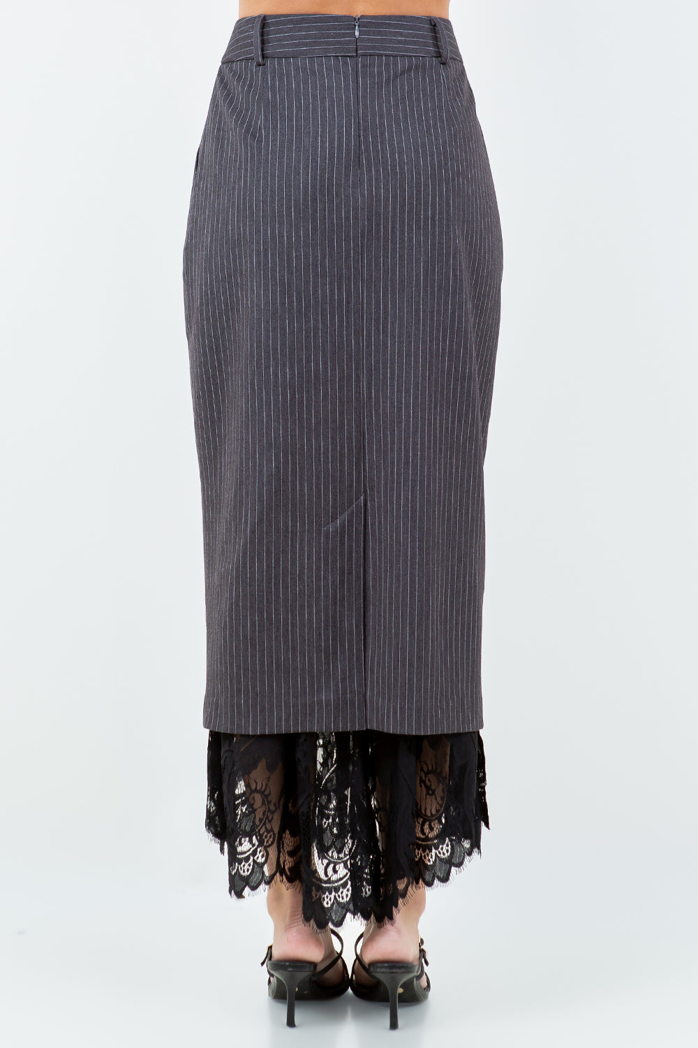 LACE HEMMED PINSTRIPE PENCIL SKIRT - CHARCOAL