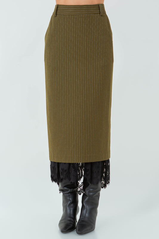 LACE HEMMED PINSTRIPE PENCIL SKIRT - OLIVE