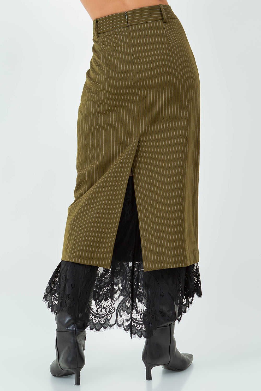 LACE HEMMED PINSTRIPE PENCIL SKIRT - OLIVE