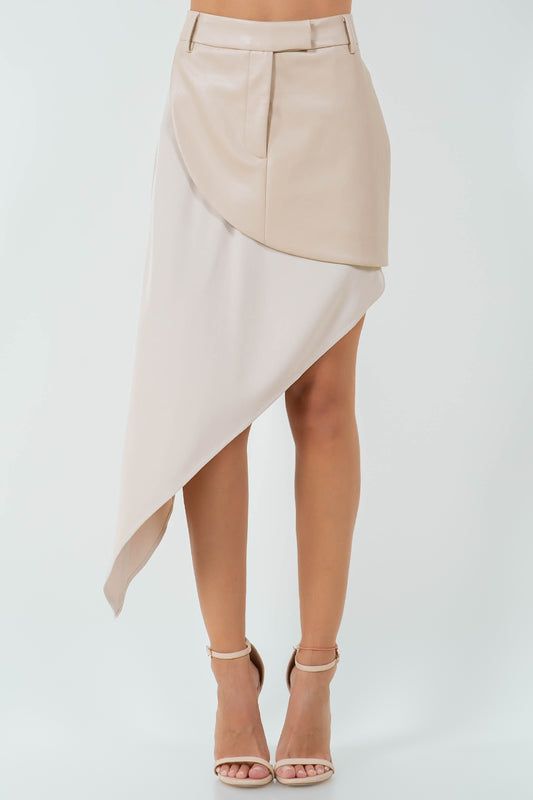 WOVEN + PU LEATHER COMBO ASYMMETRICAL MIDI SKIRT - BEIGE