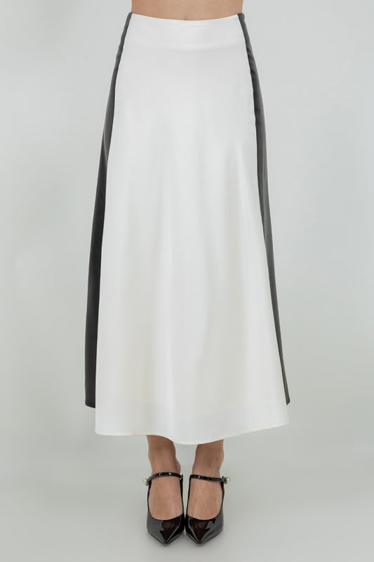 SATIN MIDI SKIRT WITH CONTRAST PU LEATHER PANELS - Whiteroom+Cactus