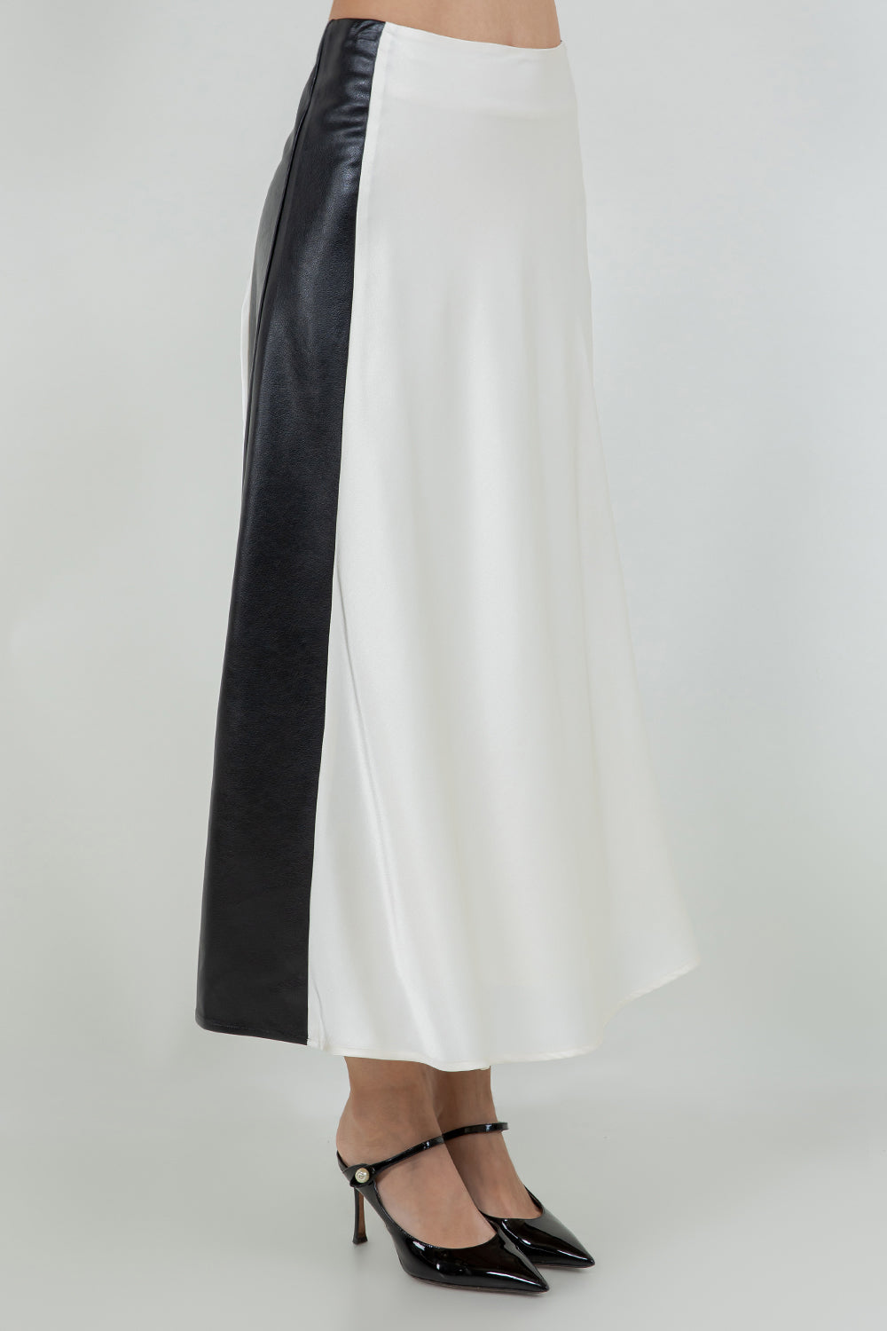SATIN MIDI SKIRT WITH CONTRAST PU LEATHER PANELS - Whiteroom+Cactus