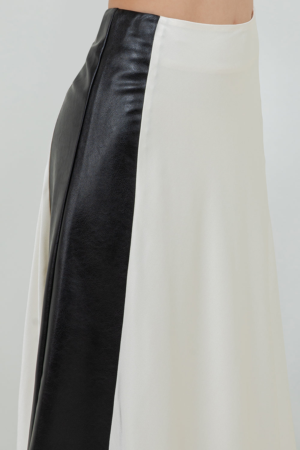 SATIN MIDI SKIRT WITH CONTRAST PU LEATHER PANELS - Whiteroom+Cactus