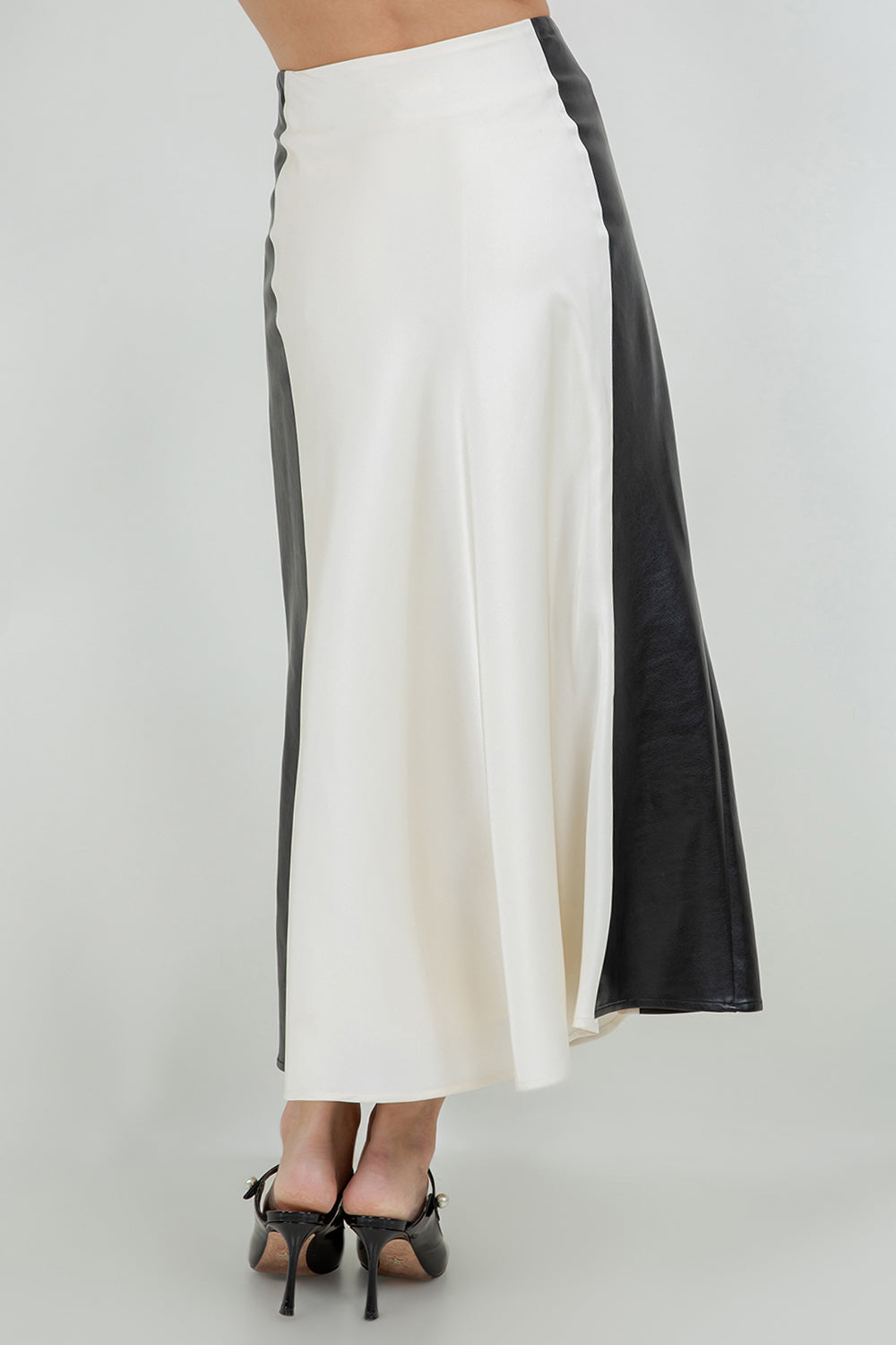 SATIN MIDI SKIRT WITH CONTRAST PU LEATHER PANELS - Whiteroom+Cactus