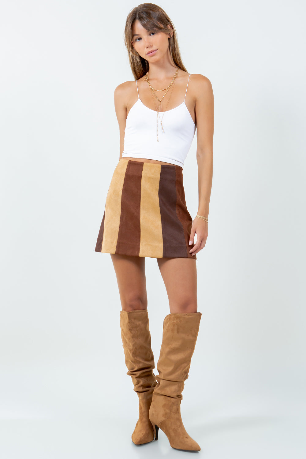 MULTI BROWN COMBO SUEDE MINI SKIRT