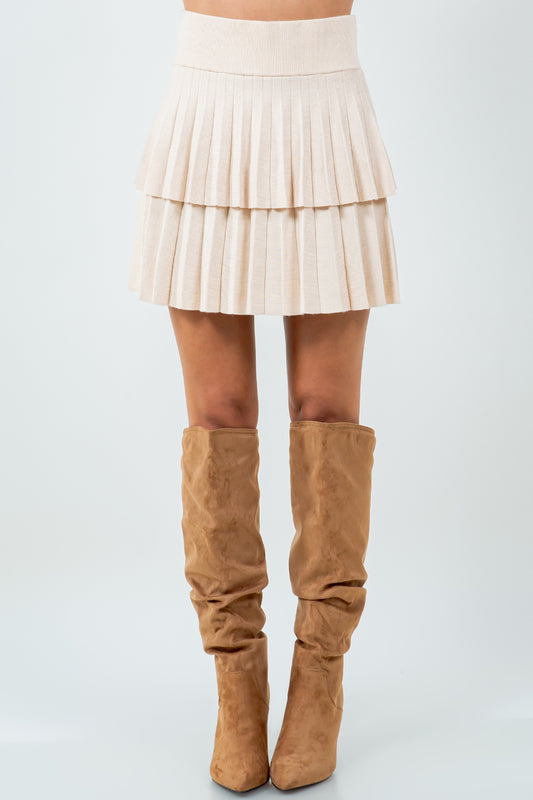 DOUBLE PLEATED KNITTED MINI SKIRT - CREAM