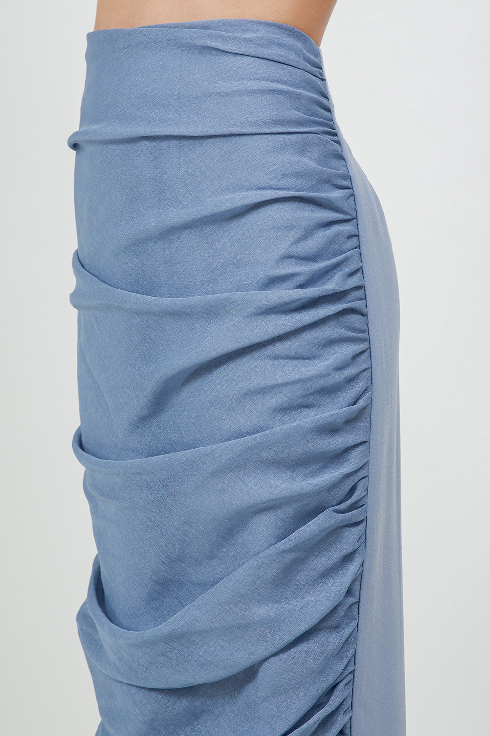 ORGANZA MIX RUCHED MIDI LENGTH SKIRT - DENIM BLUE
