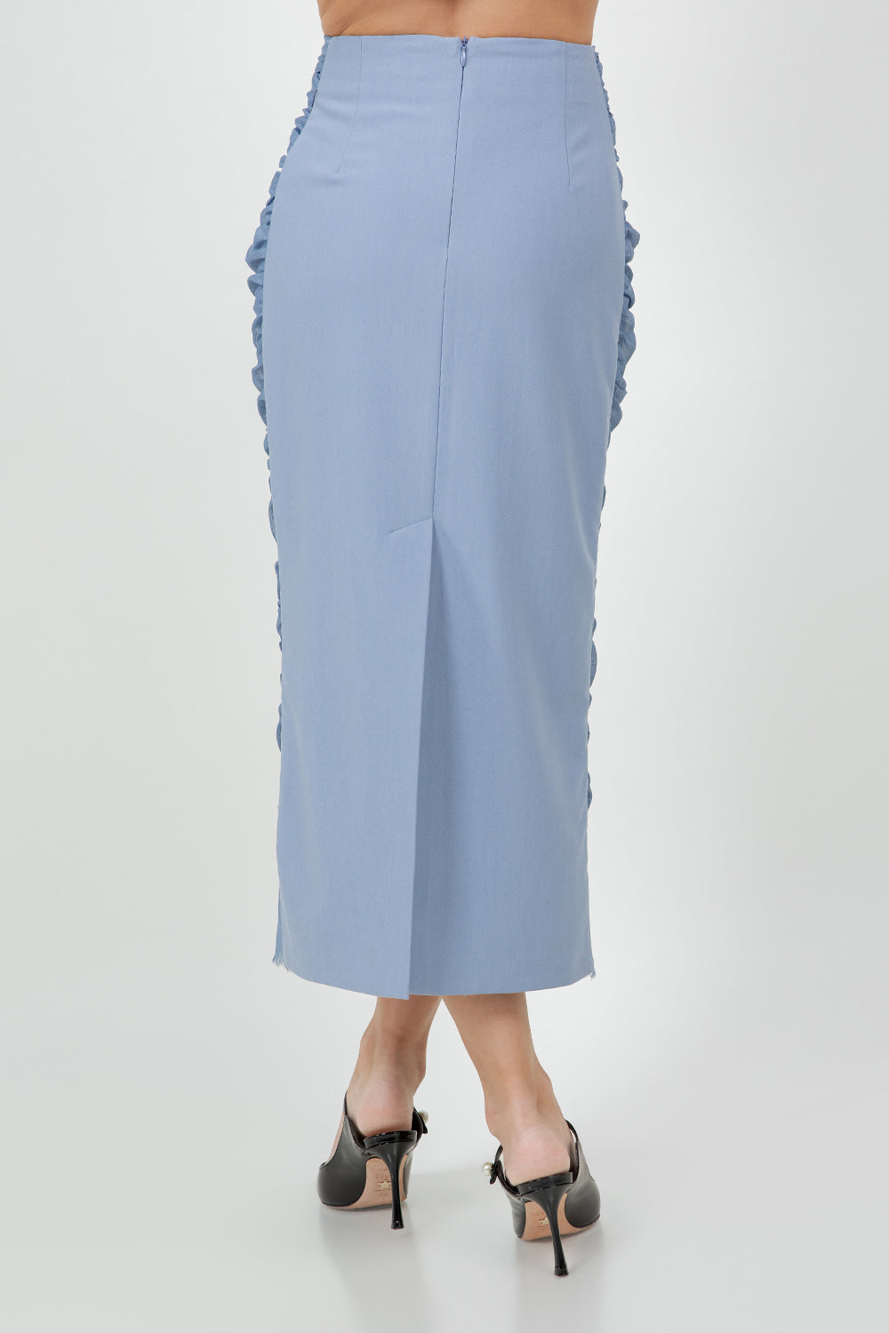 ORGANZA MIX RUCHED MIDI LENGTH SKIRT - DENIM BLUE