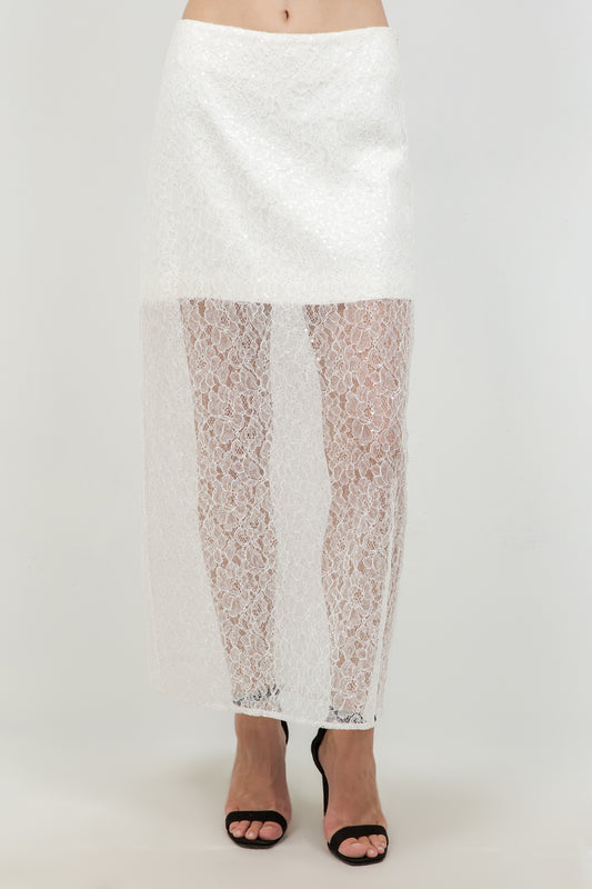 SEMI SHEER SEQUINED LACE MIDI SKIRT