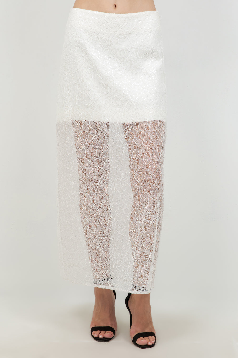 SEMI SHEER SEQUINED LACE MIDI SKIRT