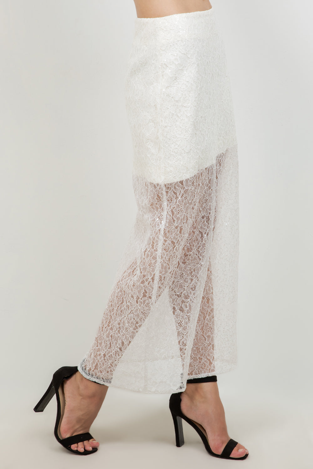 SEMI SHEER SEQUINED LACE MIDI SKIRT