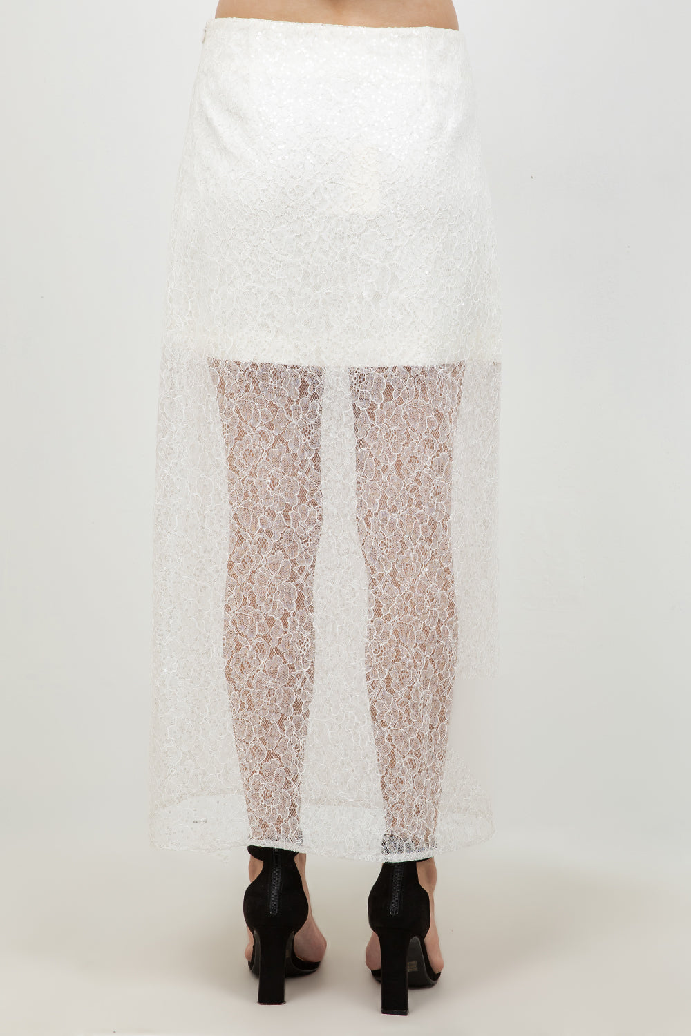 SEMI SHEER SEQUINED LACE MIDI SKIRT