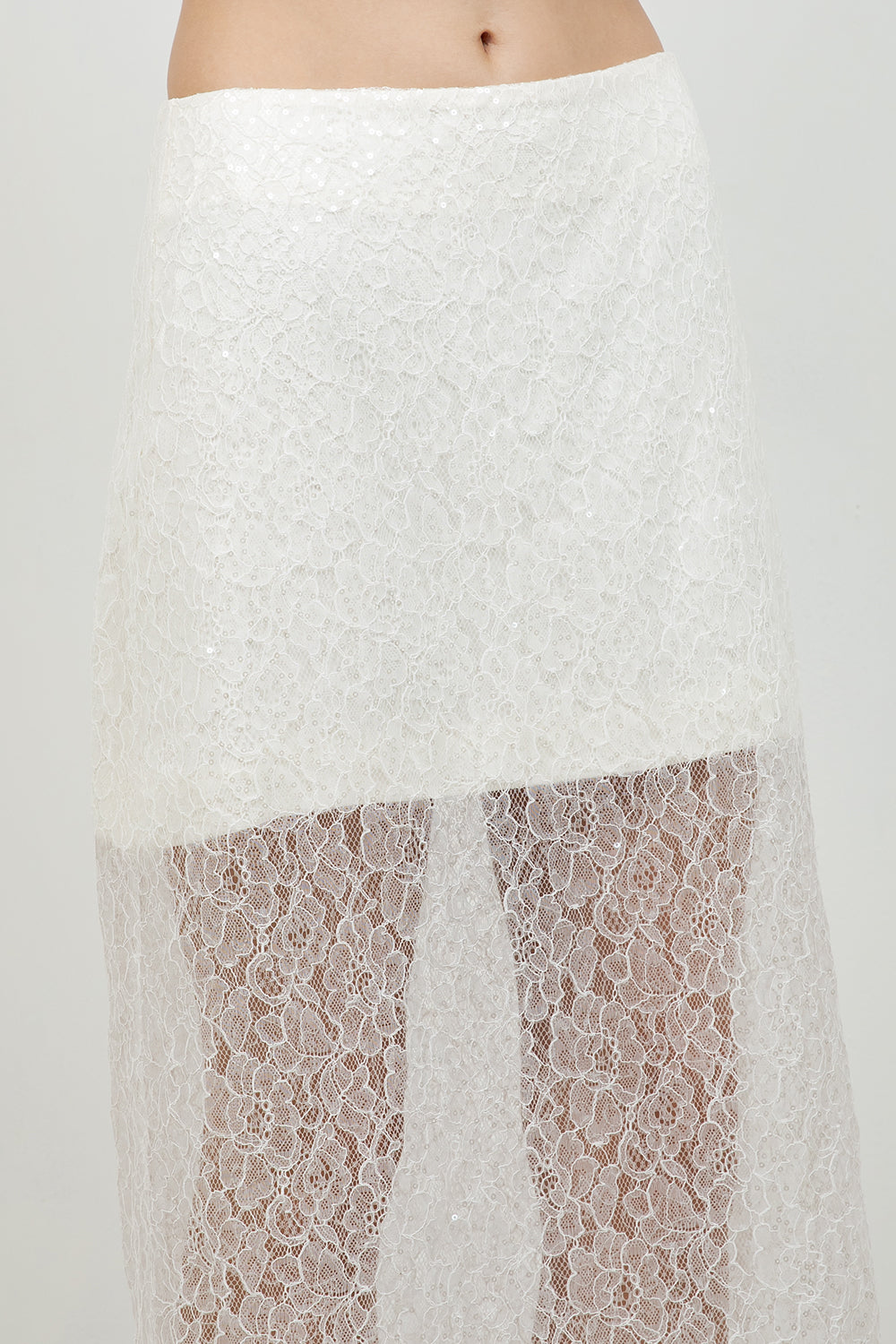 SEMI SHEER SEQUINED LACE MIDI SKIRT
