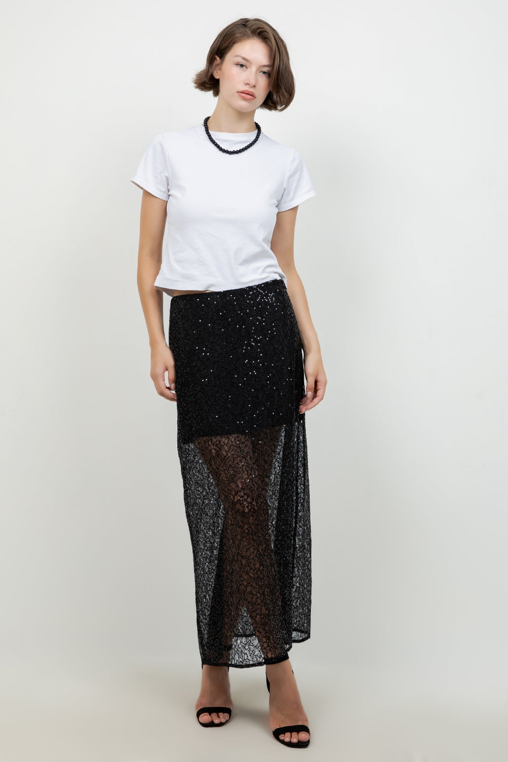 SEMI SHEER SEQUINED LACE MIDI SKIRT