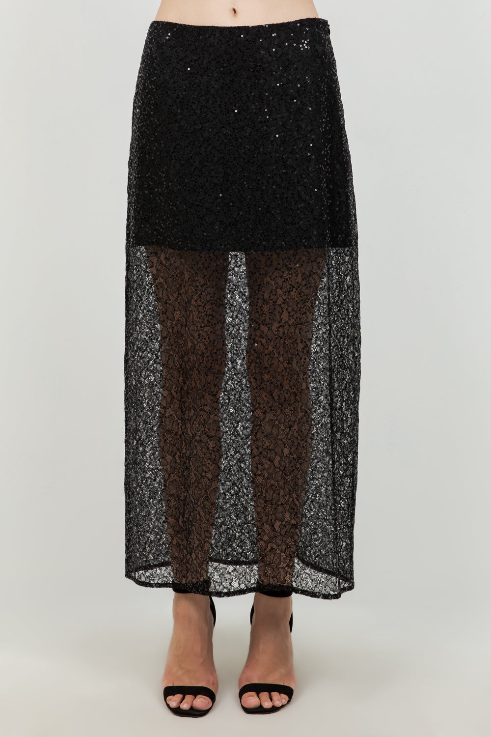 SEMI SHEER SEQUINED LACE MIDI SKIRT