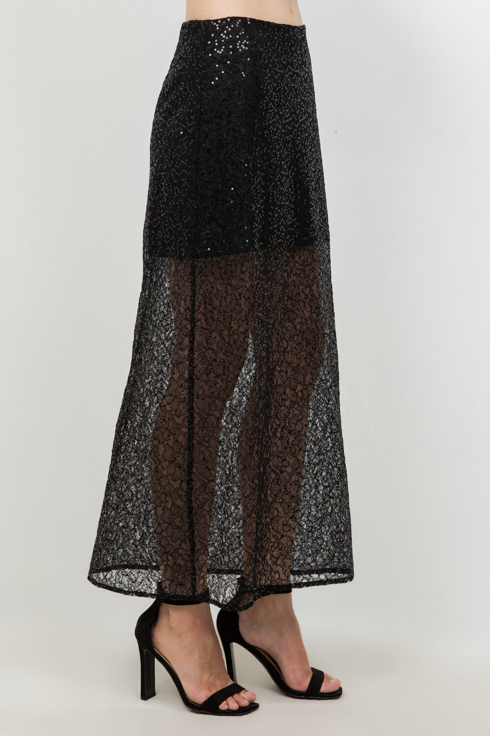 SEMI SHEER SEQUINED LACE MIDI SKIRT