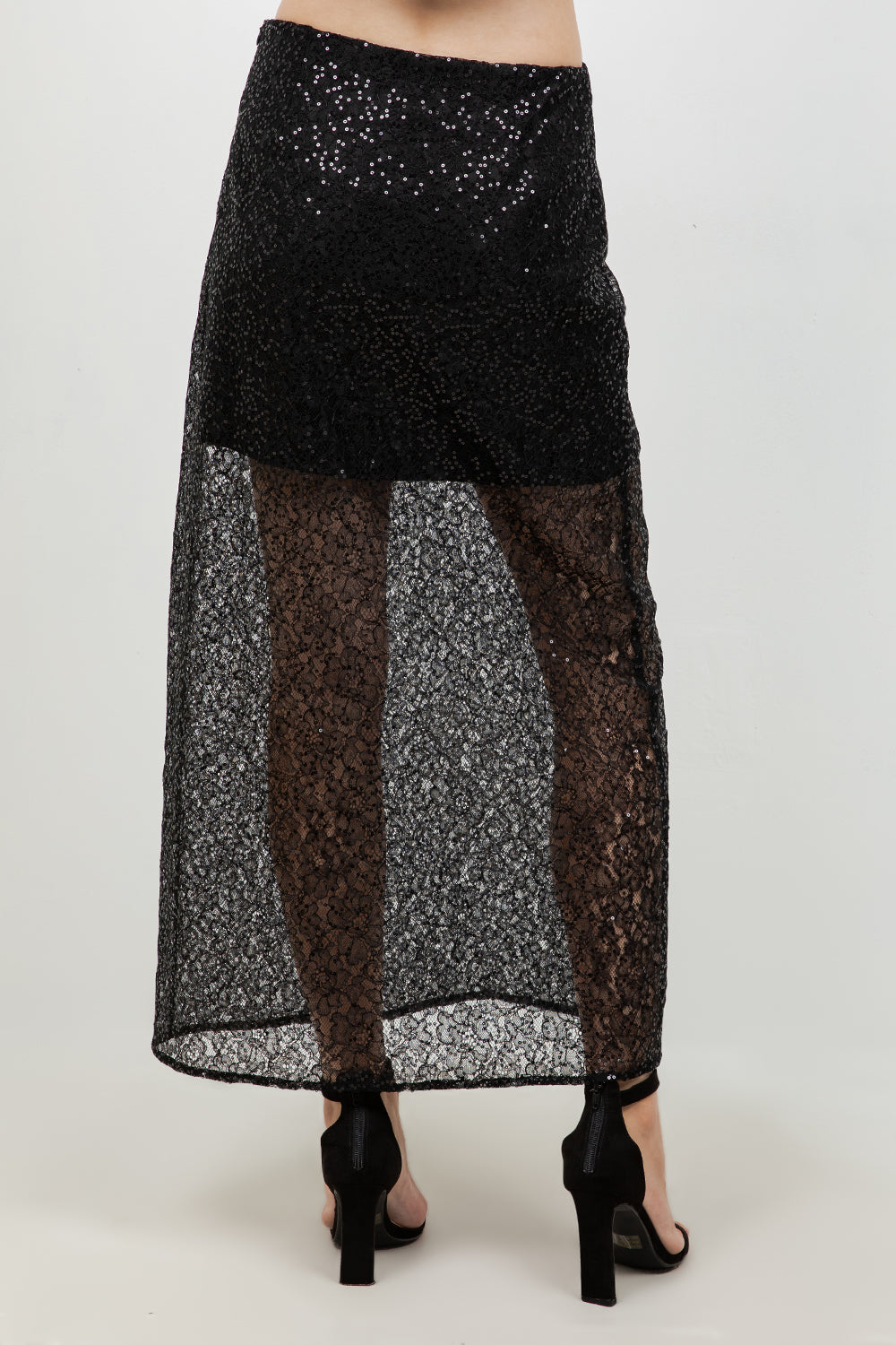 SEMI SHEER SEQUINED LACE MIDI SKIRT
