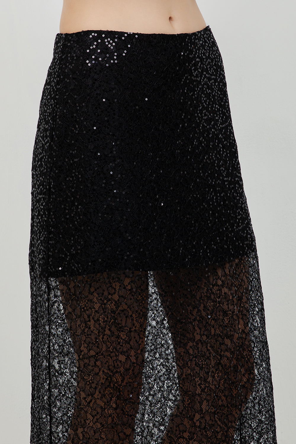 SEMI SHEER SEQUINED LACE MIDI SKIRT