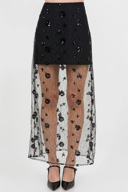 SEMI SHEER SEQUINED LACE MIDI SKIRT - BLACK