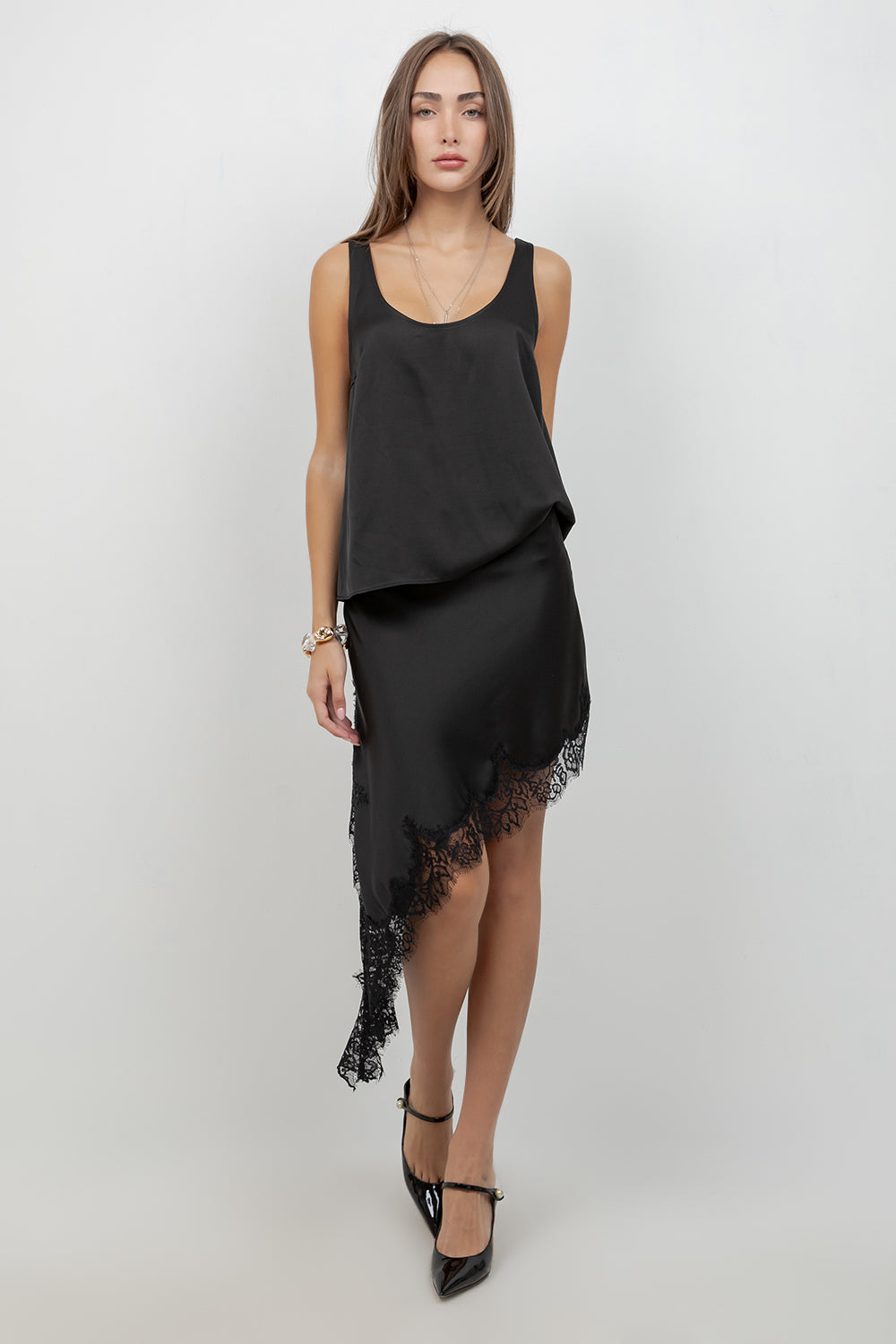 ASYMMETRICAL SATIN LACE MINI SKIRT - BLACK