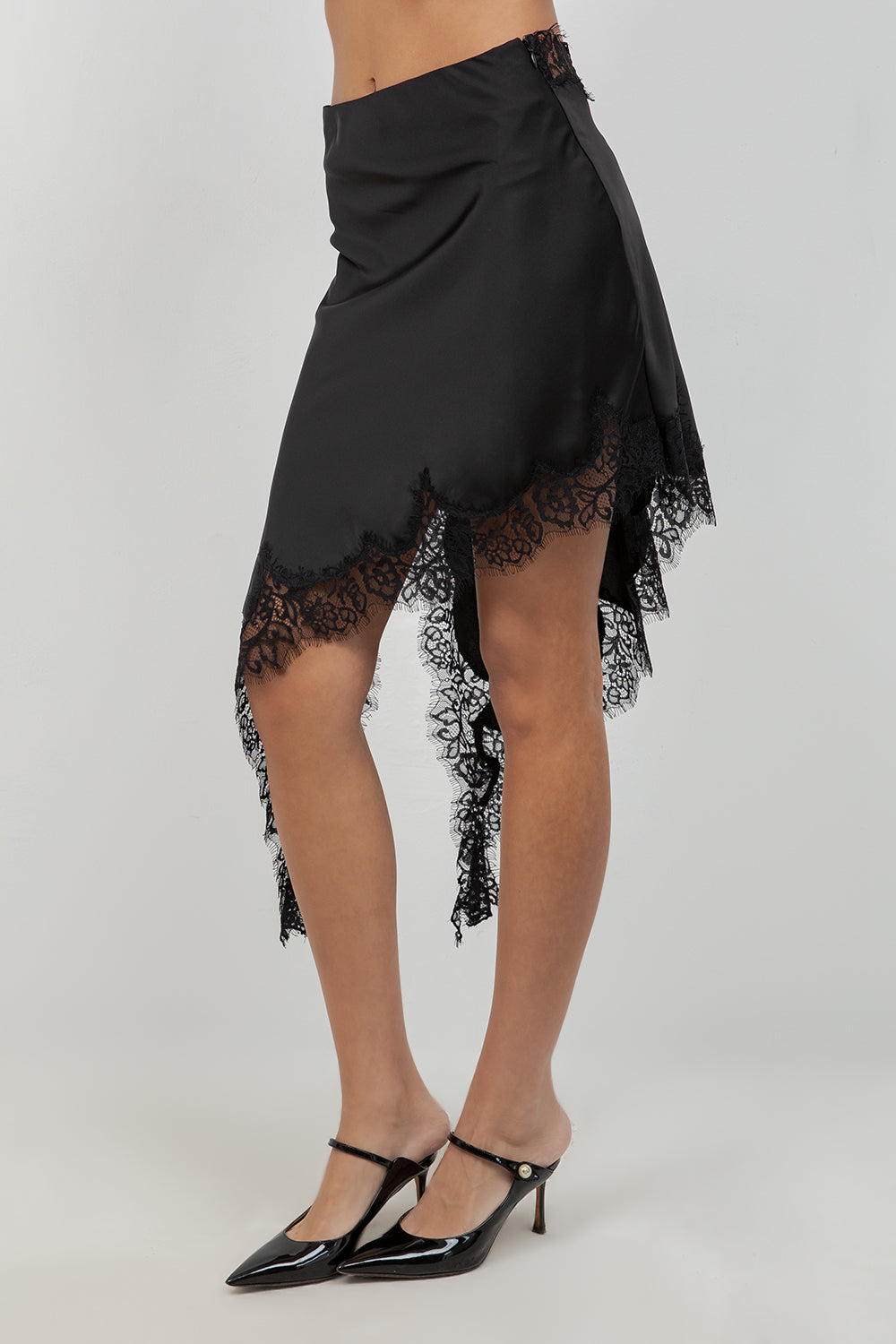 ASYMMETRICAL SATIN LACE MINI SKIRT - BLACK