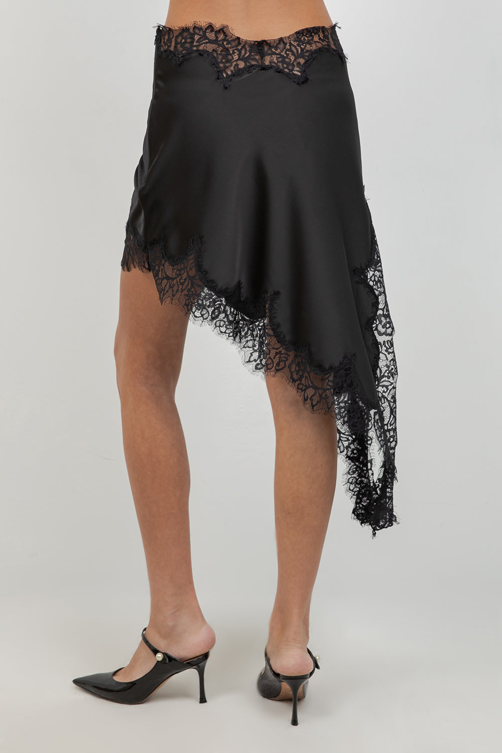 ASYMMETRICAL SATIN LACE MINI SKIRT - BLACK