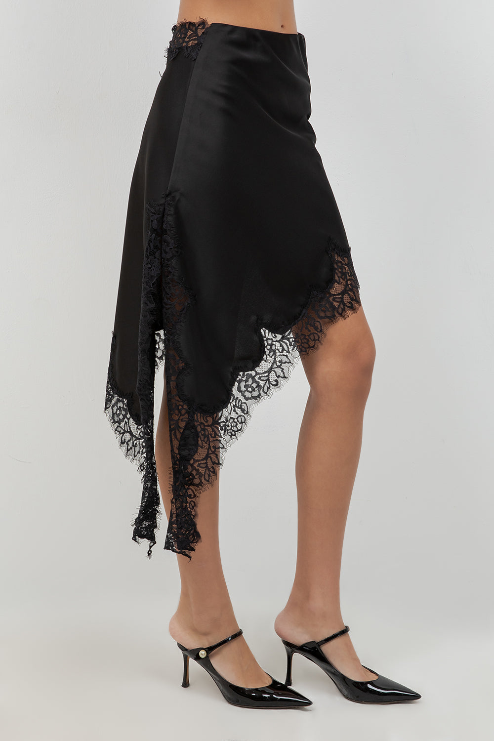 ASYMMETRICAL SATIN LACE MINI SKIRT - BLACK