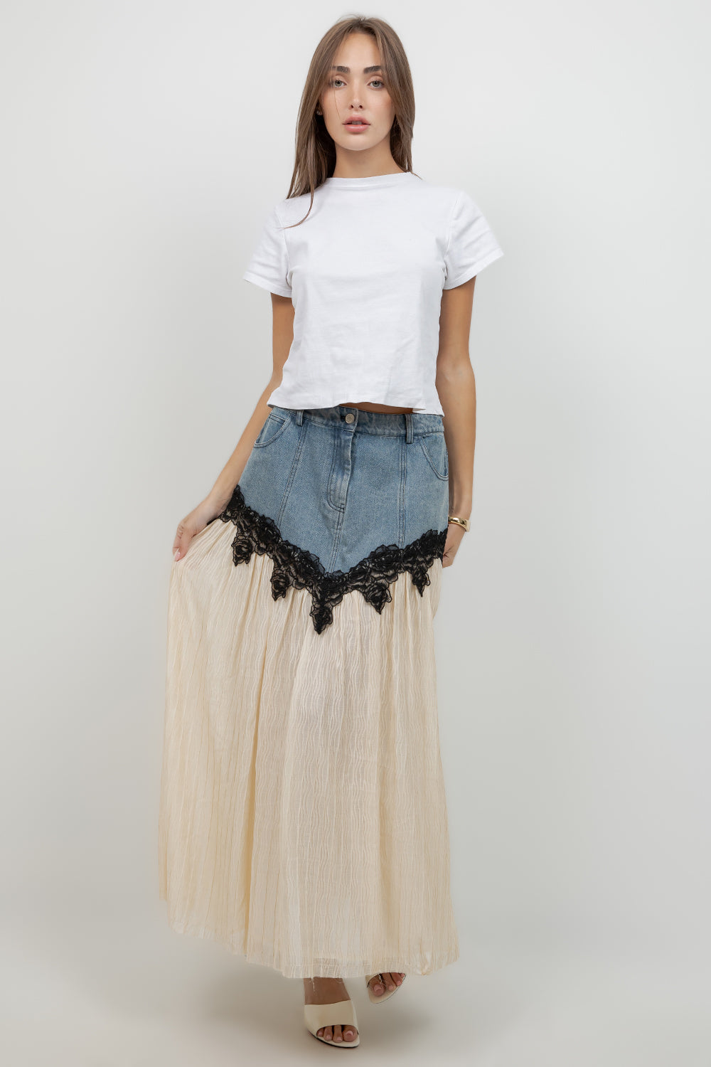 CONTRAST DENIM LACE INSERT MIDI SKIRT