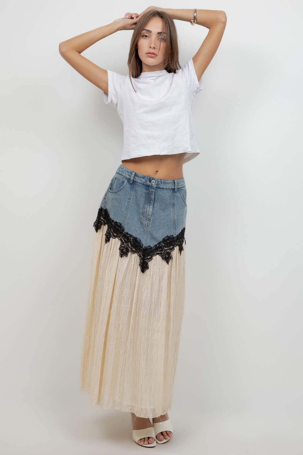 CONTRAST DENIM LACE INSERT MIDI SKIRT