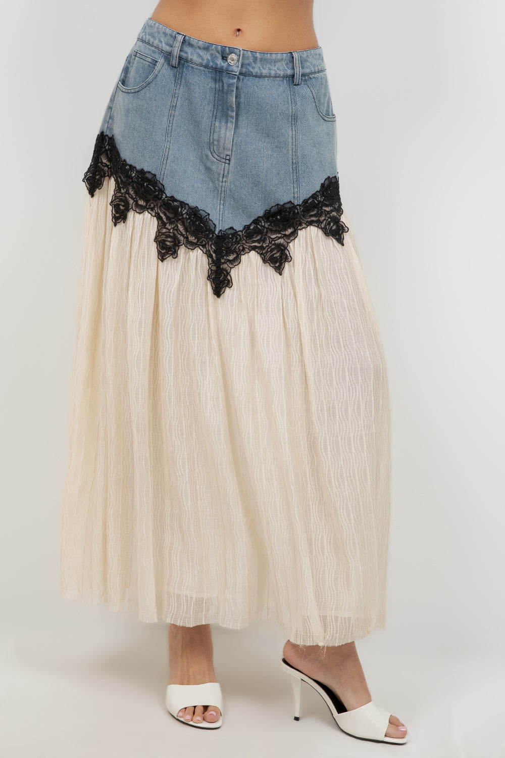CONTRAST DENIM LACE INSERT MIDI SKIRT