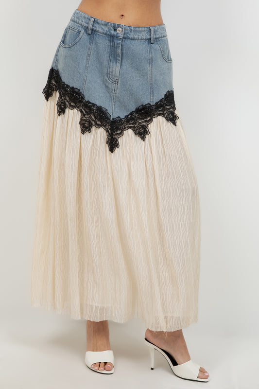 CONTRAST DENIM LACE INSERT MIDI SKIRT