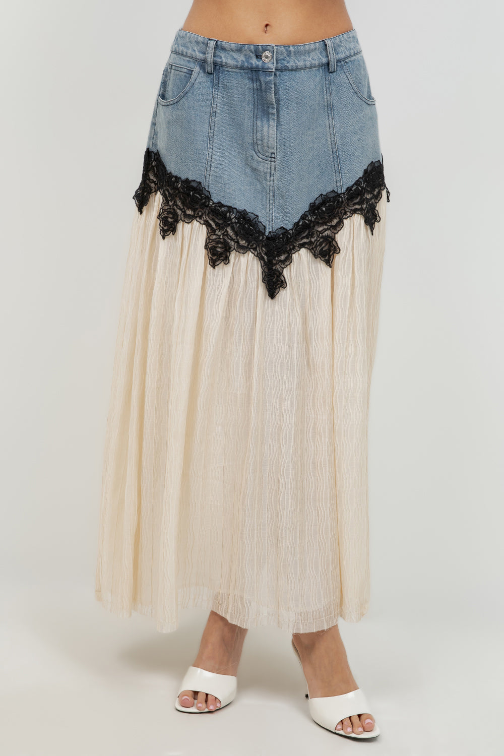 CONTRAST DENIM LACE INSERT MIDI SKIRT