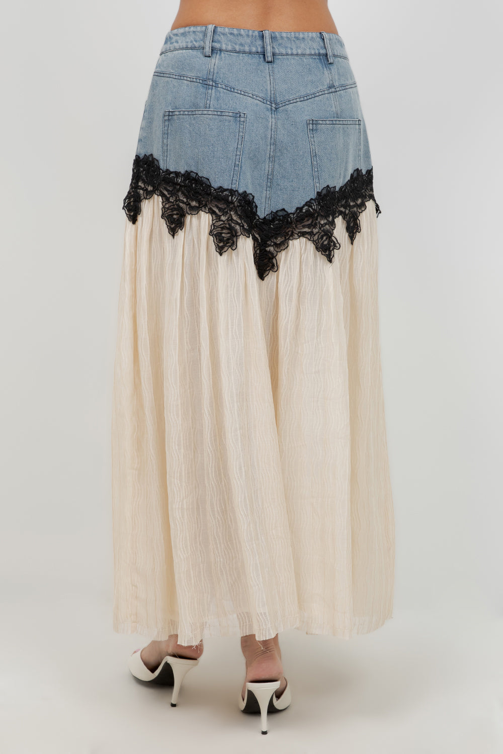 CONTRAST DENIM LACE INSERT MIDI SKIRT