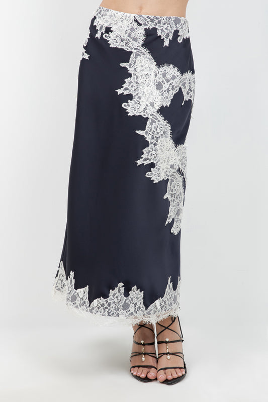 ANKLE LENGTH SATIN SKIRT WITH CONTRAST LACE INSERTS