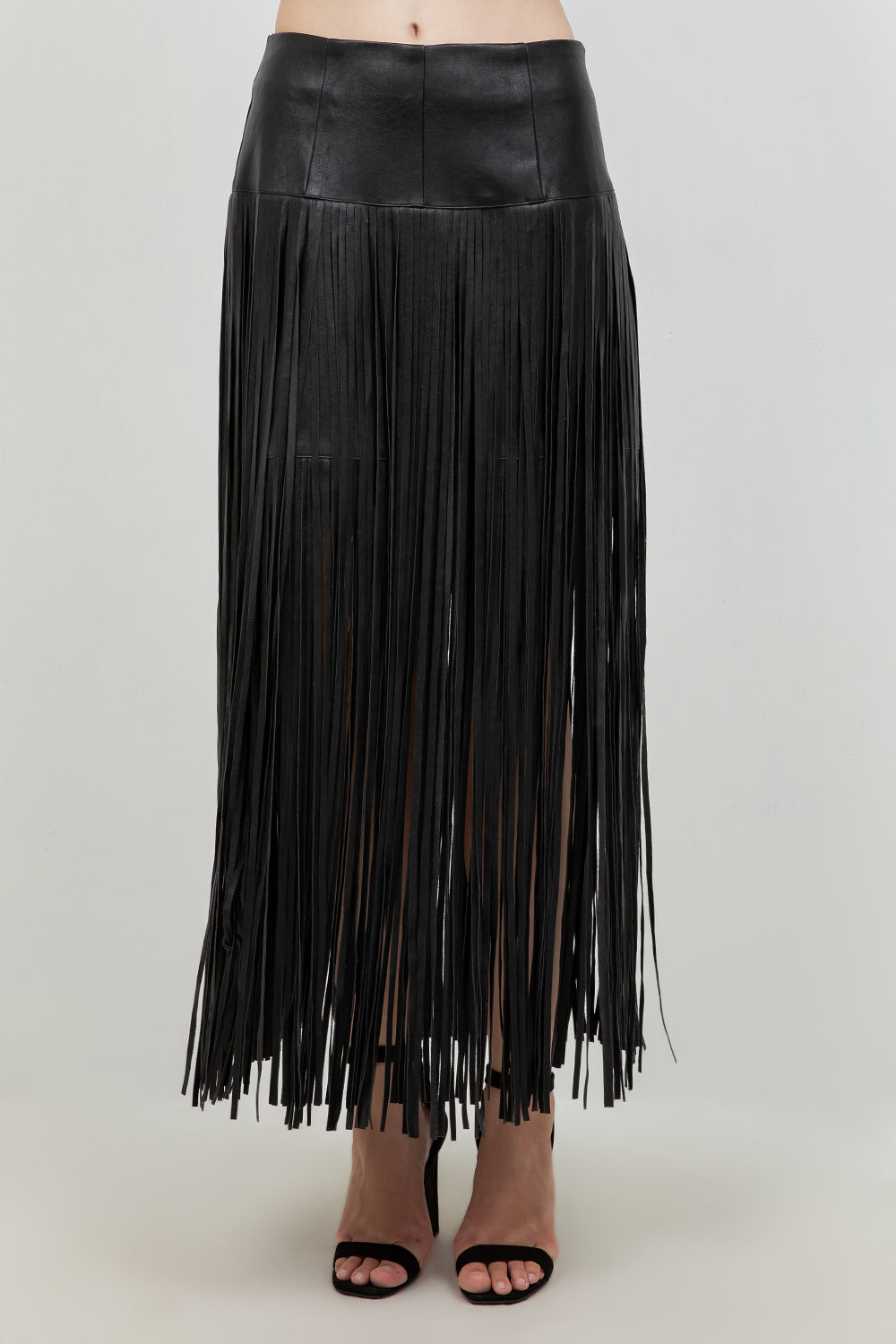 FAUX LEATHER PU SKIRT WITH FRINGE ACCENT DETAILS