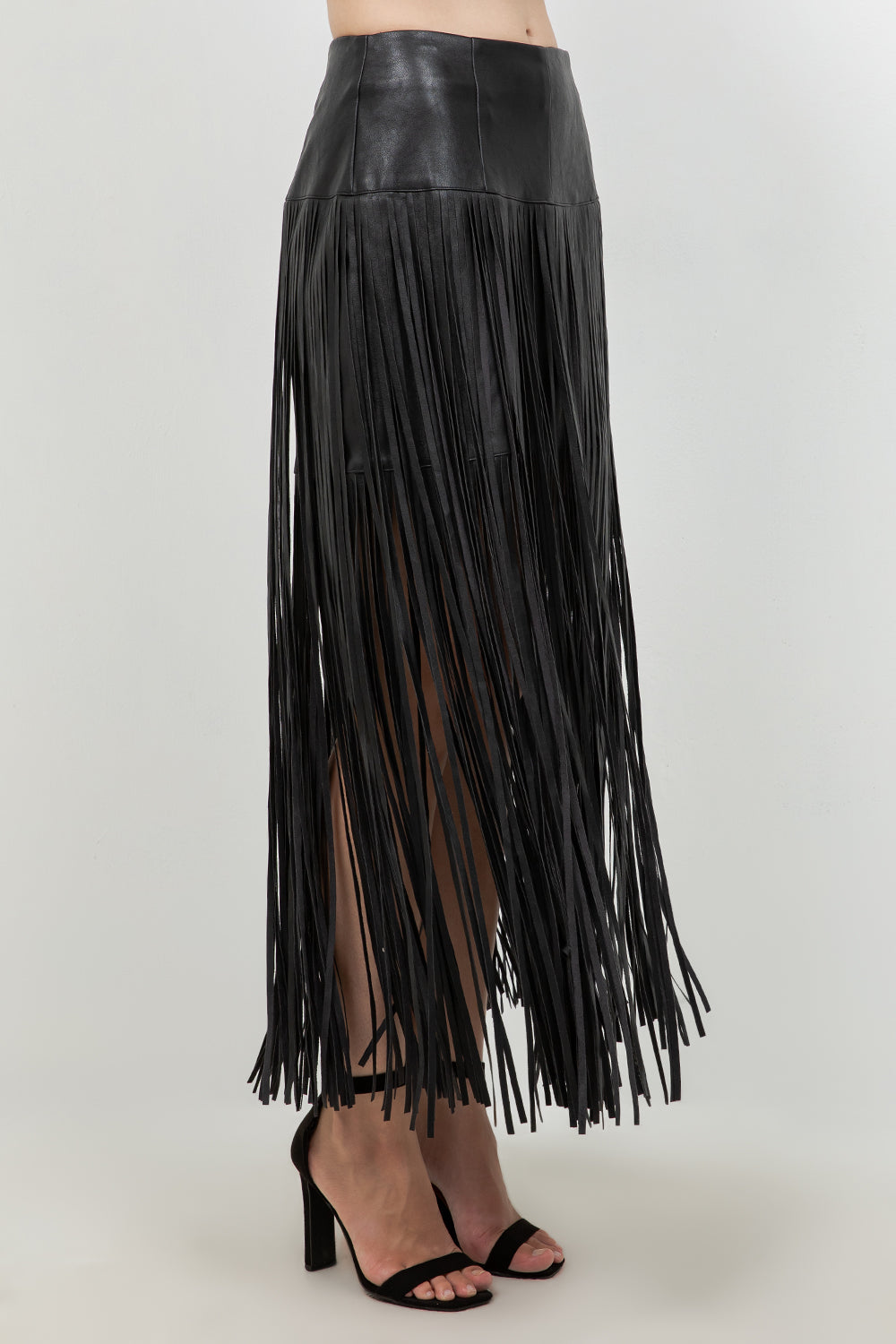 FAUX LEATHER PU SKIRT WITH FRINGE ACCENT DETAILS