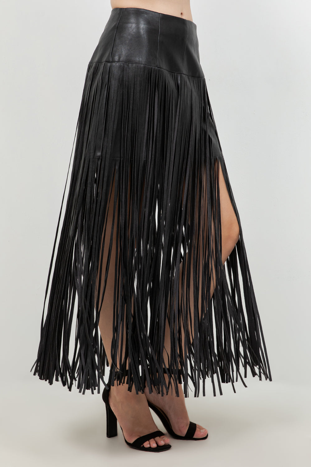 FAUX LEATHER PU SKIRT WITH FRINGE ACCENT DETAILS