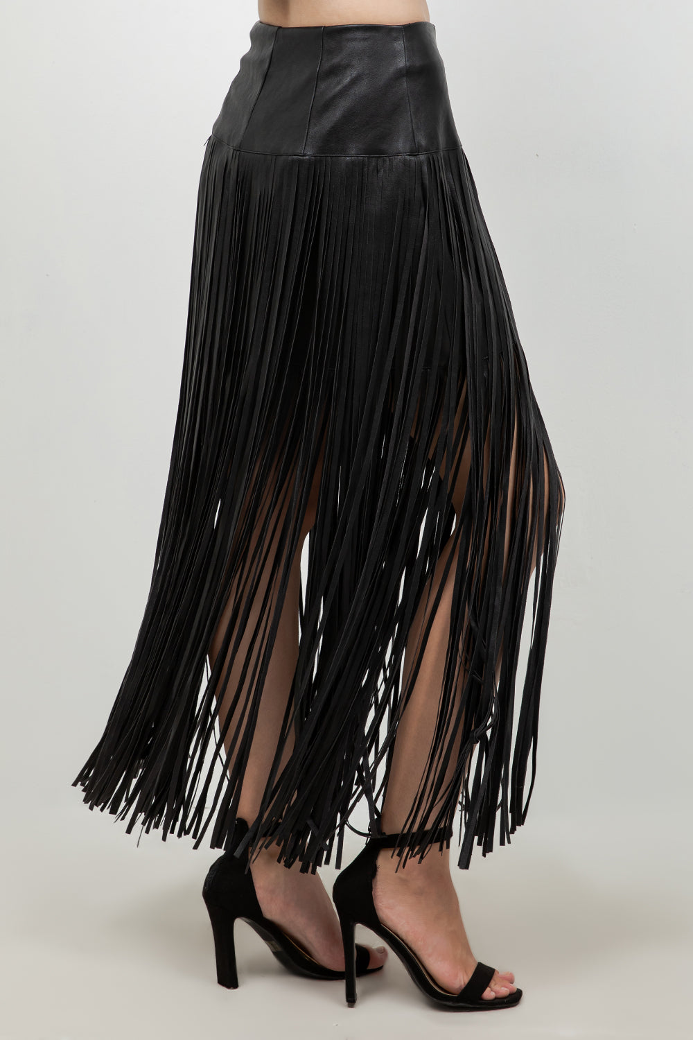 FAUX LEATHER PU SKIRT WITH FRINGE ACCENT DETAILS
