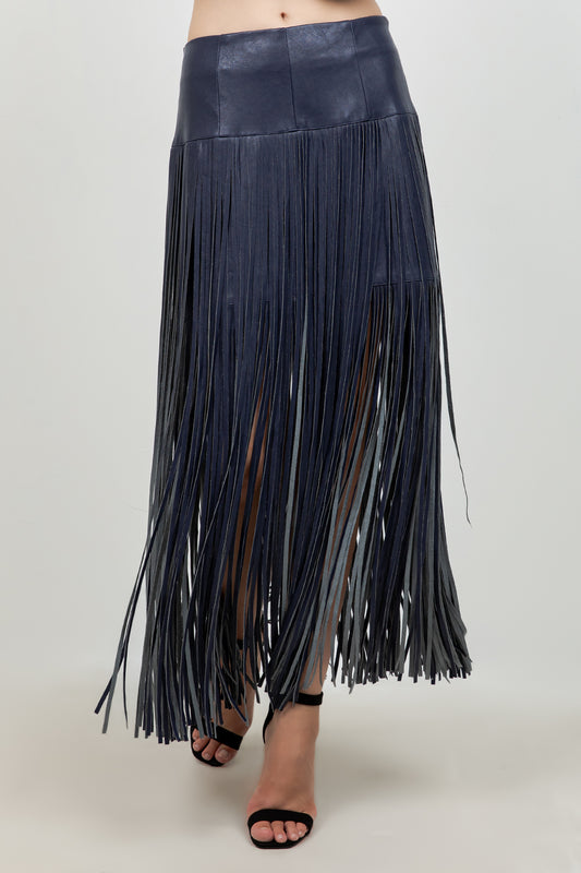 FAUX LEATHER PU SKIRT WITH FRINGE ACCENT DETAILS