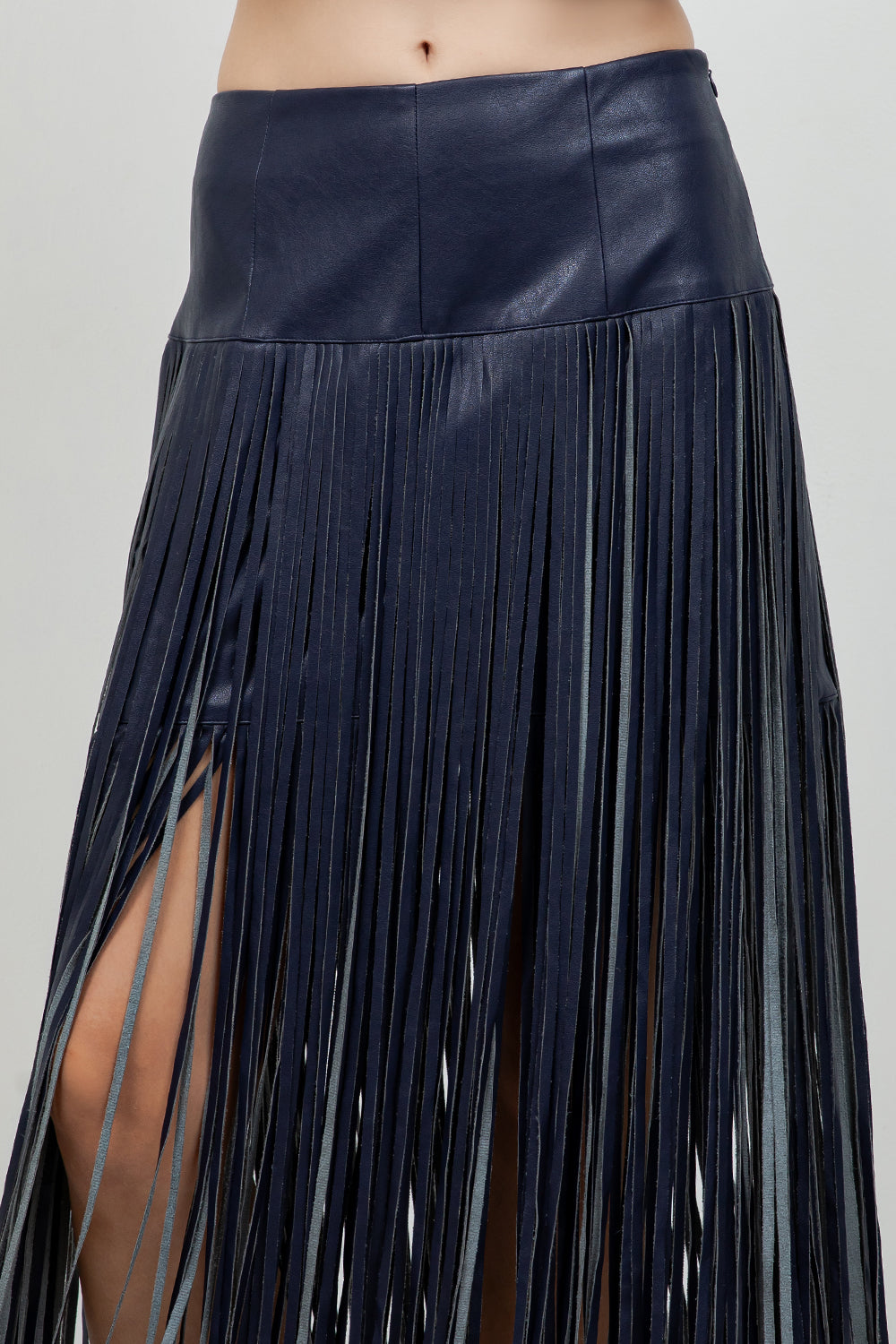 FAUX LEATHER PU SKIRT WITH FRINGE ACCENT DETAILS