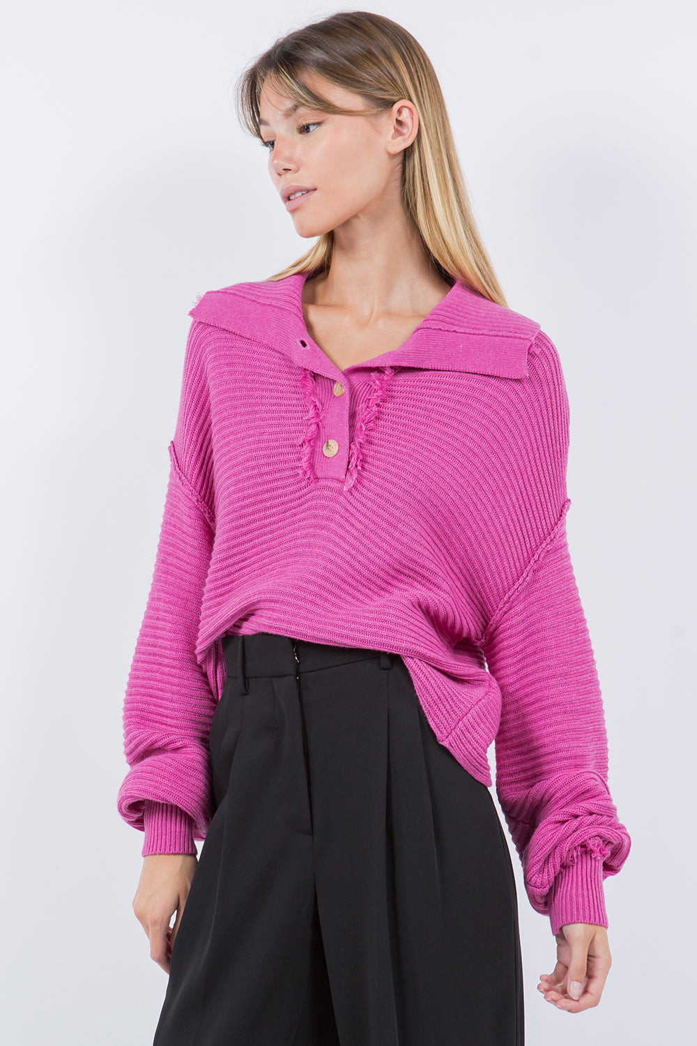 WIDE COLLAR KNITTED SWEATER PULLOVER FUCHSIA