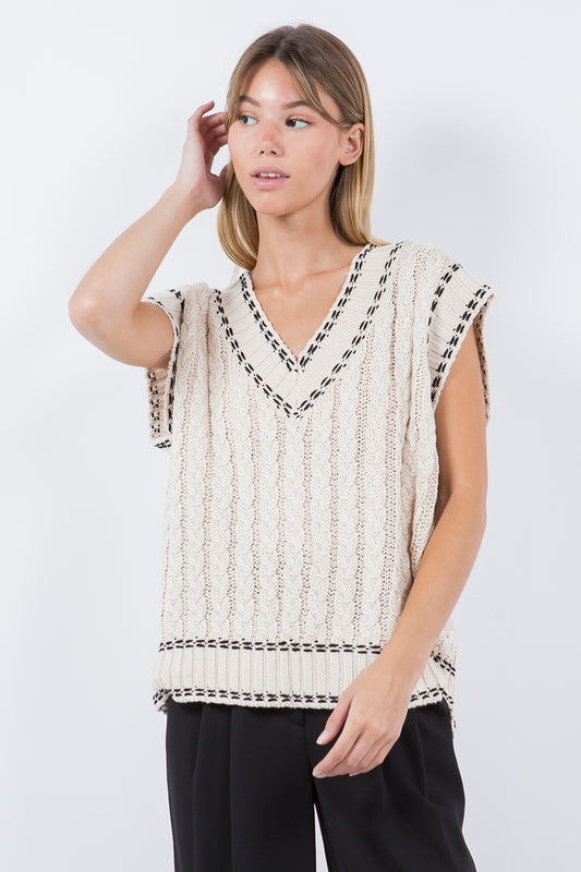 CONTRAST STITCHING SWEATER KNITTED VEST BEIGE