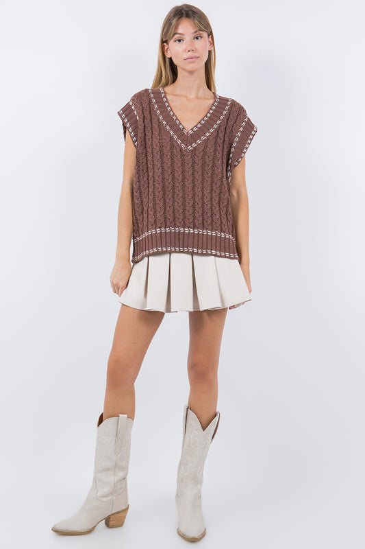 CONTRAST STITCHING SWEATER KNITTED VEST BROWN