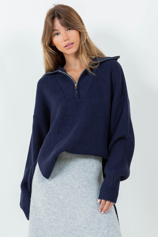 ZIP UP KNIT TOP WITH TIE SIDE DRAWSTRING DETAIL - NAVY